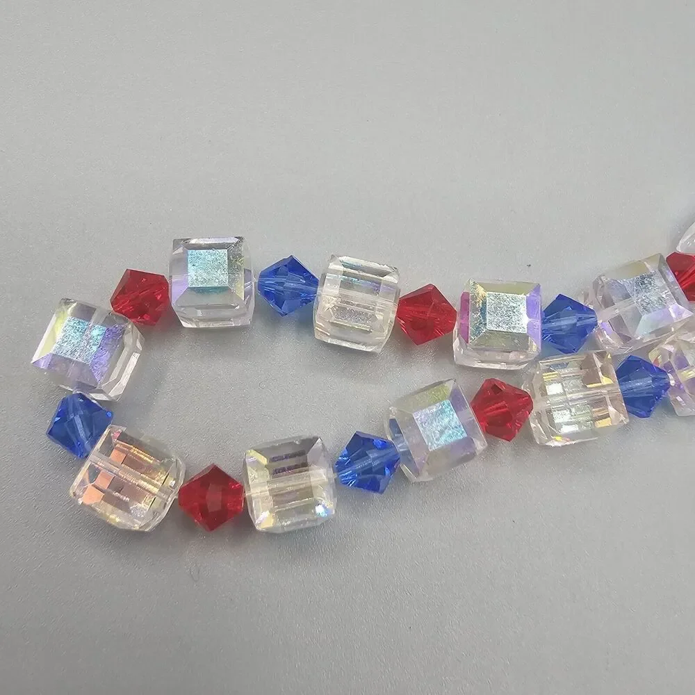 Red White Blue Necklace Aurora Borealis Square Crystal Bead Iridescent 22 in - Picture 4 of 8